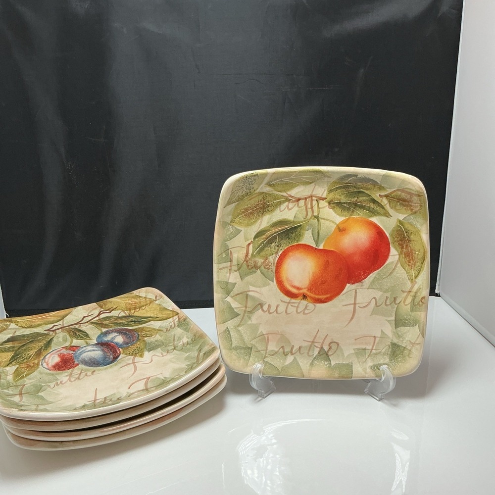 Set of Tabletops Unlimited Mixed Fruits Square Salad Plates 8 1/2" Hand Painted